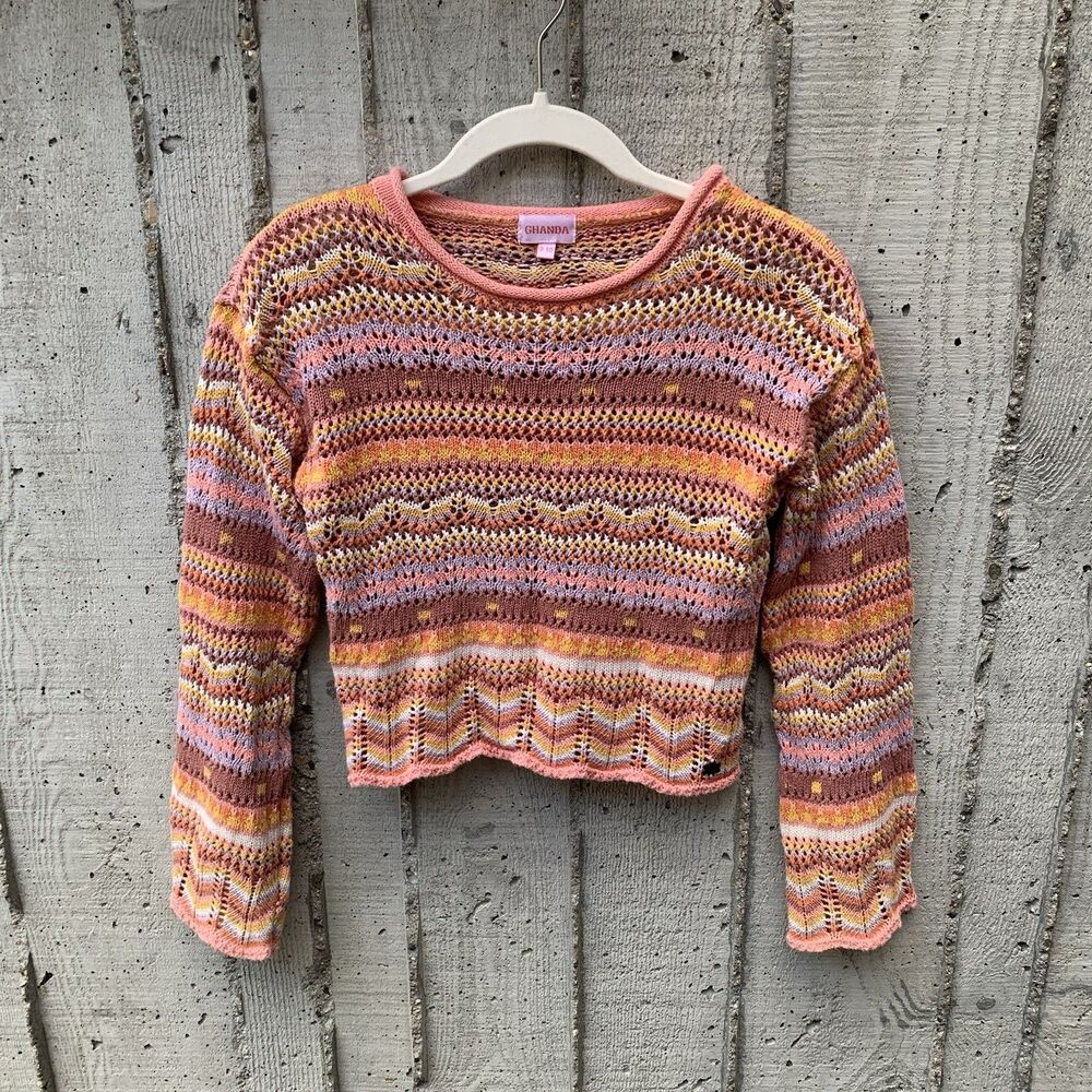 Ghanda Annika Crochet Cotton Knit Top Bohemian Hippie 70s Groovy Girls Size 9-10